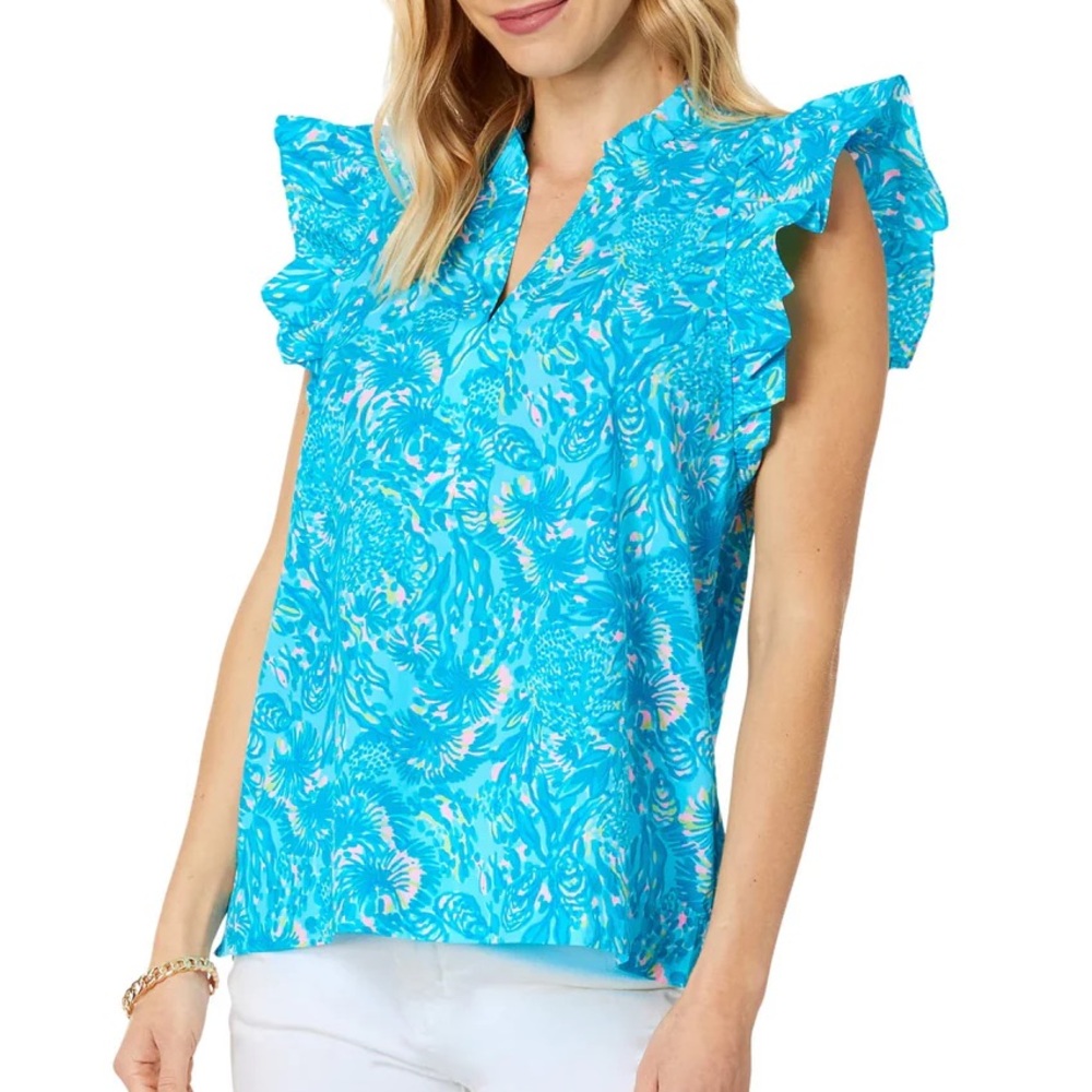 Lilly Pulitzer Klaudie Ruffle Sleeve Top Women XS Surf Blue/Coral of the Story